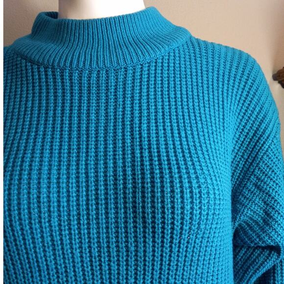 Vntg 80s Turquoise Emerald Green Chunky Knit Sweater Cozy Core Dopamine Dressing - Picture 2 of 10